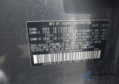 2021 Subaru Outback Premium из США, поврежденный, VIN 4S4BTACC6M3146849